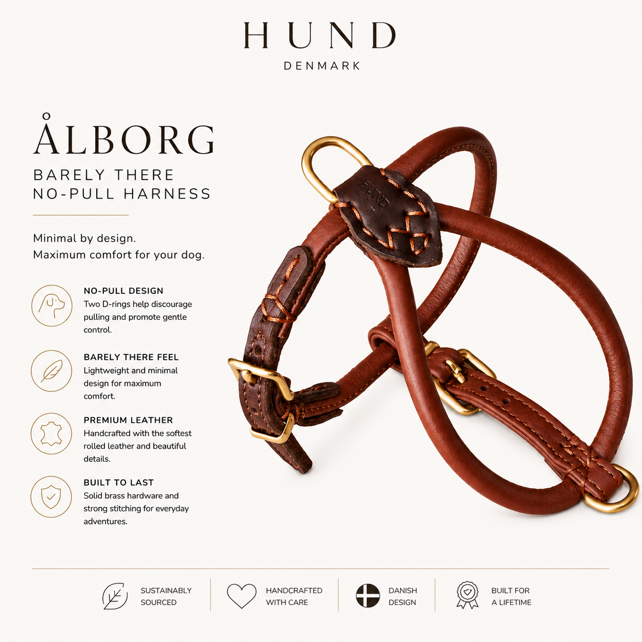 Ålborg- No Pull, Rolled, Comfort and Cloud-Like Soft Leather Harness